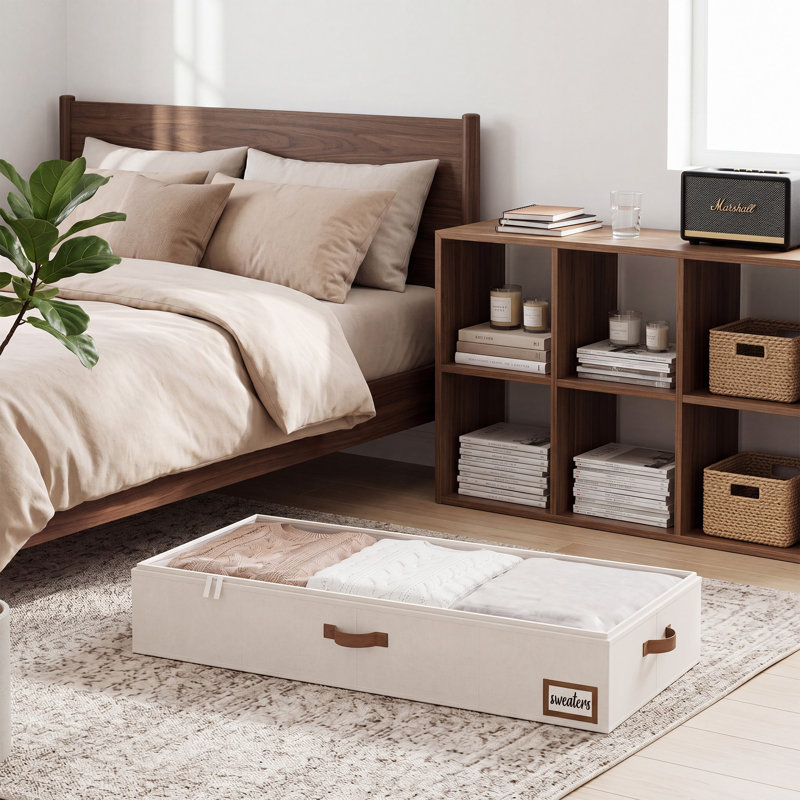 Large Underbed Storage Containers with Handles and Label Holder, Fabric Underbed Bins for Clothes, Blankets, Sweaters, White