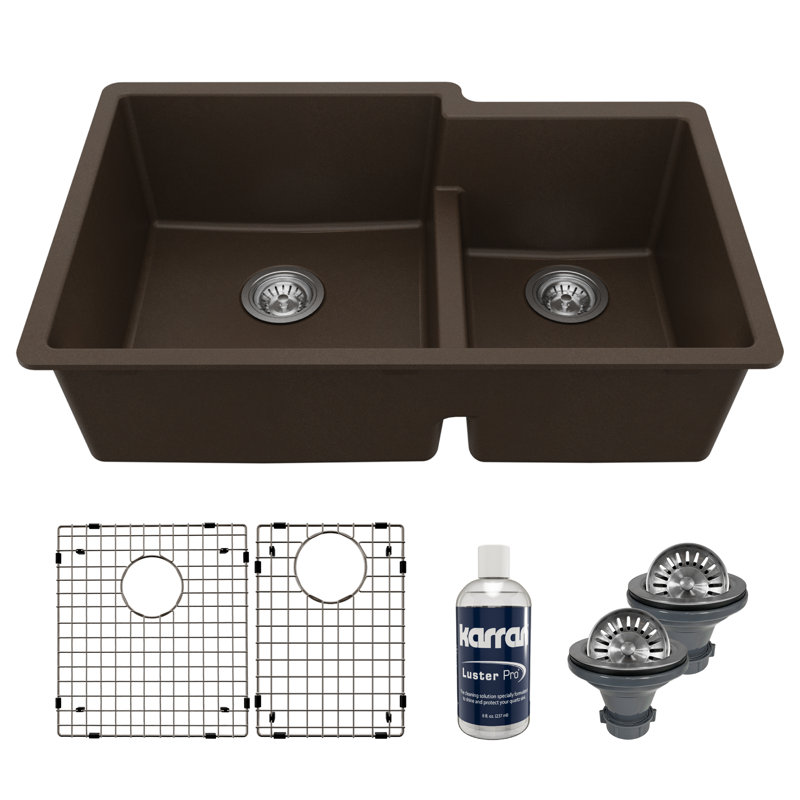 Karran Quartz 32'' X 21-1/4'' Double Bowl 60/40 Undermount Kitchen Sink Kit, Brown