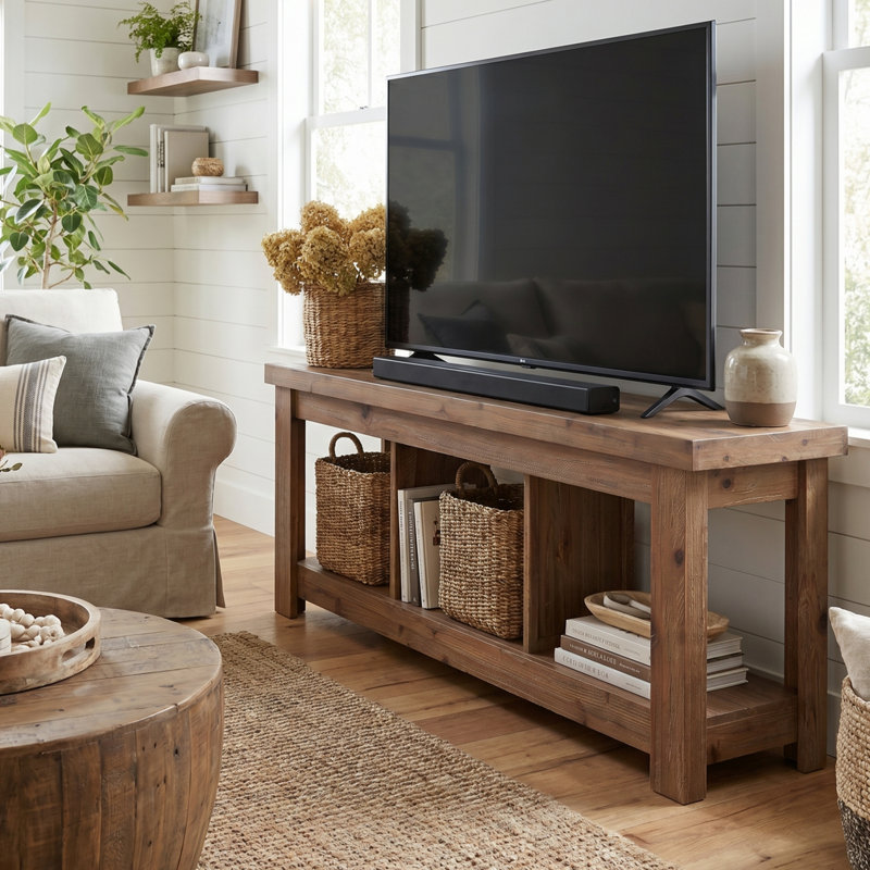 62.99" Long Solid Wood TV Stand With 3 Open Shelves, Brown