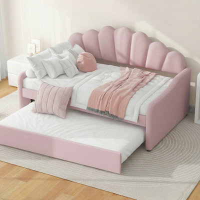 Velvet Upholstered Daybed With Elegant Shell Design And Trundle – Full Size Frame,Classic Upholstered Frame