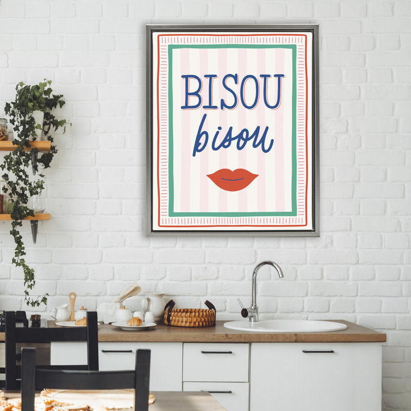 Cadre flottant Bisou Kiss sur rayures, design par Jalynn Heerdt, H 31 po x l 25 po, Cadre flottant gris lustré