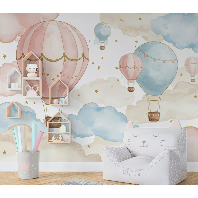 Ballon aquarelle nuage papier peint coloré chambre d'enfant Peel Stick Girl Room, L 145 po x l 100 po, Non tissé