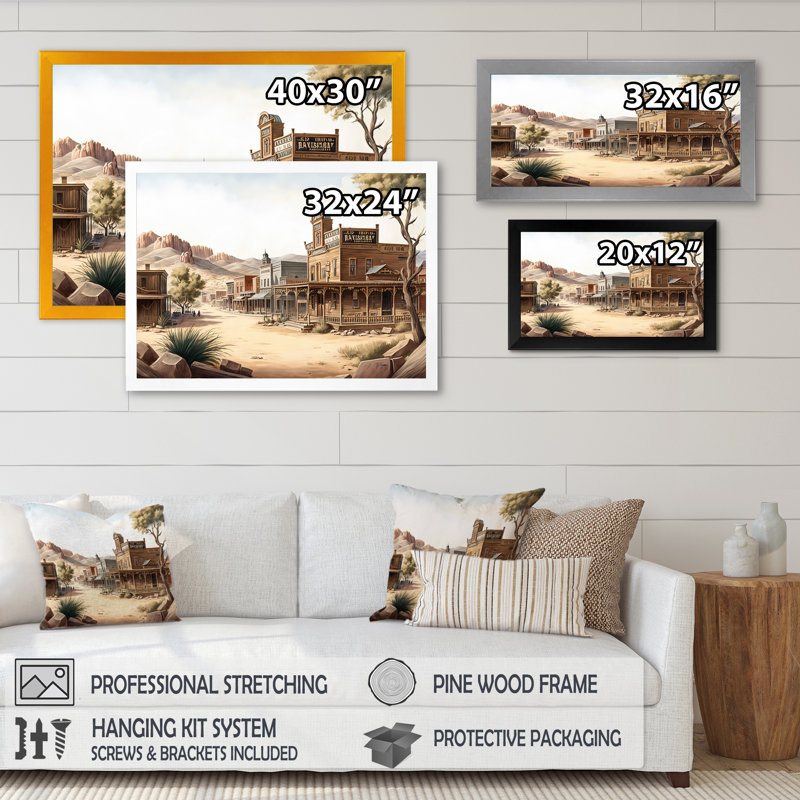 Wild West Town III - cadre flottant, impression sur toile, Impression noire sur toile encadrée, H 24 po x l 32 po x P 1 po
