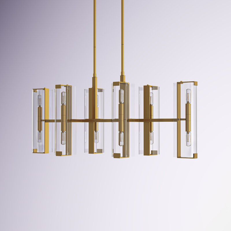 Warm Brass 12-Light Linear Chandelier with Clear Glass Shades