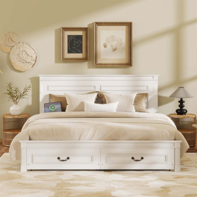 King-Sized Farmhouse Style Bed With Tall Headboard, LED Lights, USB Charging, And 2 Storage Drawers, Pine Wood Frame