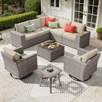 7 - Person Patio Furniture Set with Swivel Rocker, Outdoor Wicker Rattan Sectional Seating Group with Cushions, All Weather Sofa Conversation Set with Table for Garden Backyard