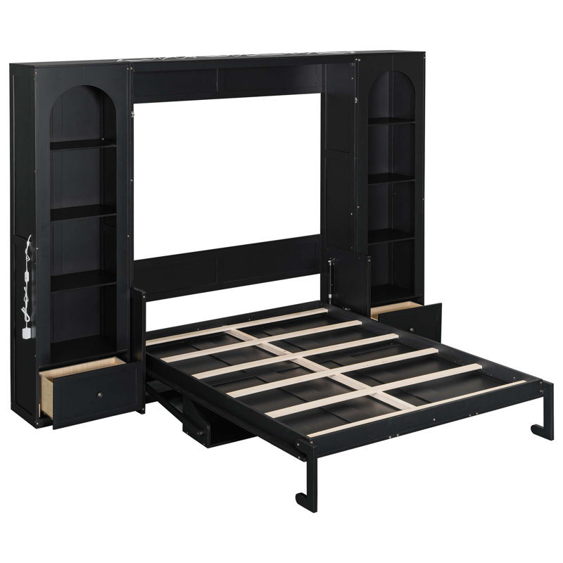 Space-Saving Murphy Platform Bed with LED Storage and Ample Shelving