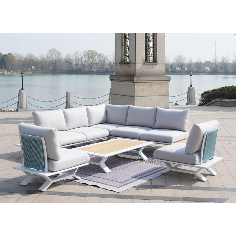 7 - Person Modular Patio Conversation Set with Cushions, White, White