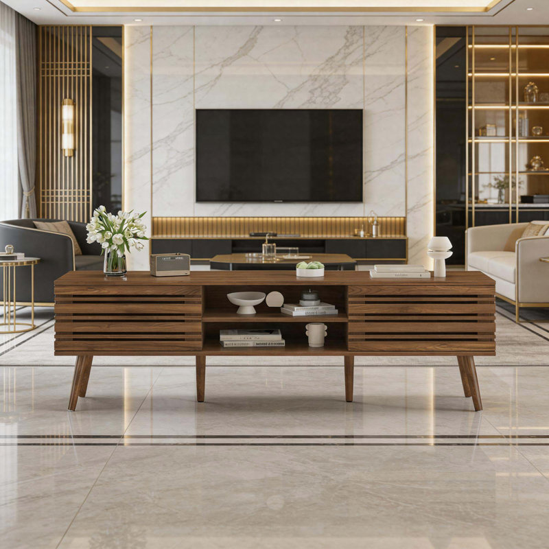 Mid-Century Modern TV Stand For Tvs Up To 70", Fluted Wood Media Console With Storage, Natural Walnut