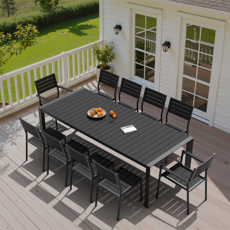 11 - Person Aluminum Patio Dining Set With Stackable Armchairs And Armless Chairs,  Black