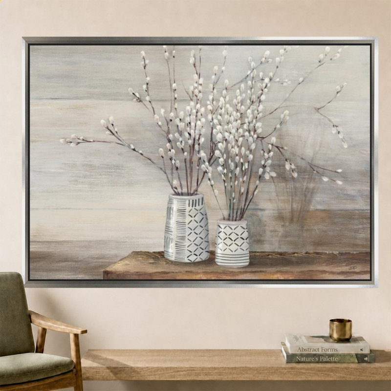 «Pussy Willow Still Life with Designs» par Julia Purinton - impression sur toile, H 44 po x l 64 po, Argent
