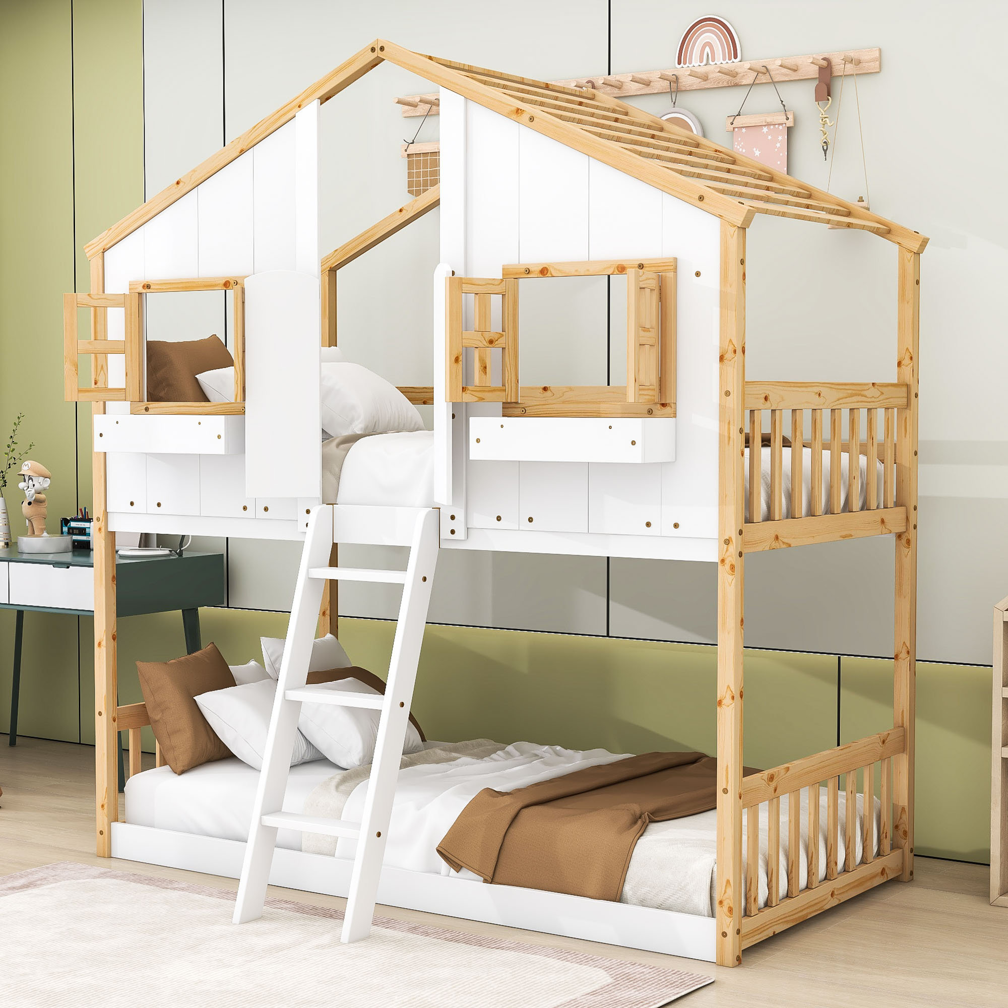 Harper Orchard Amance Twin Over Twin House Bunk Bed With Roof, Window ...