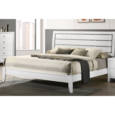 Très grand lit avec structure en bois - finition blanche et tête de lit légèrement incurvée pour la décoration de chambre à coucher avec motif géométrique
