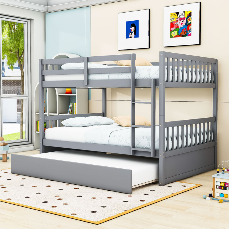 Kelsa Full Over Full Wooden Bunk Bed With Built-In Trundle, Ladder And Safety Guardrails, Gray