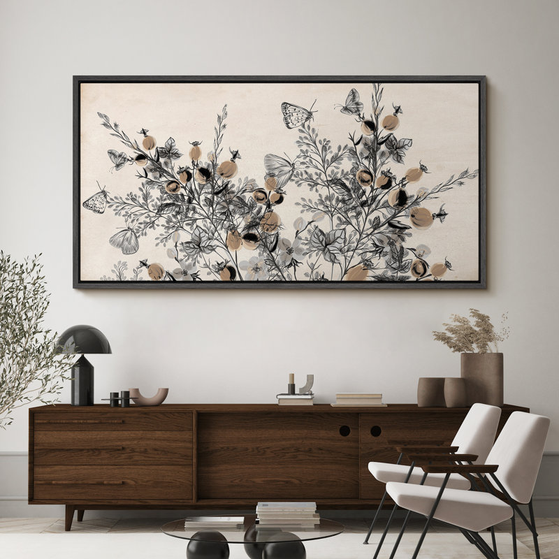 Carnet de croquis de la nature botanique et papillon, reproduction sur toile, H 30 po x l 60 po, Noir, noir, noir, noir
