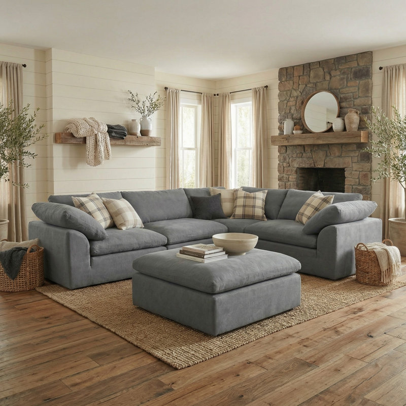   Cloud-Inspired 132" 5 Piece Oversized Deep Lounge Slipcovered Modular Corner Sectional with Reversible Chaise Ottoman | Performance Fabric Washable Water-Resistant Stain-Proof | Deep-Seating Down-Filled Couch | Plush Cushions, Modern Design
