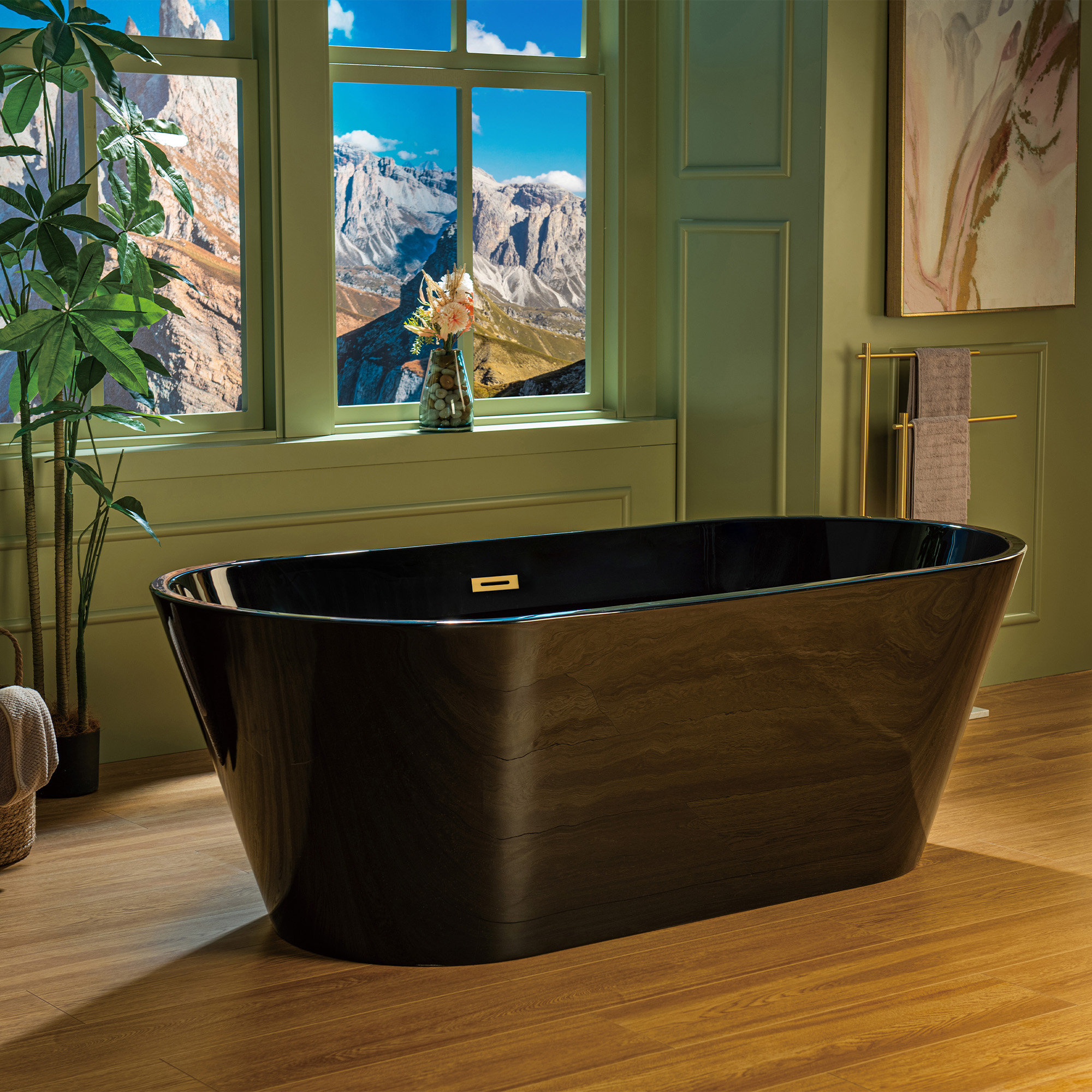 67" x 32" Freestanding Soaking Acrylic Bathtub, Glossy Black, Brushed Gold