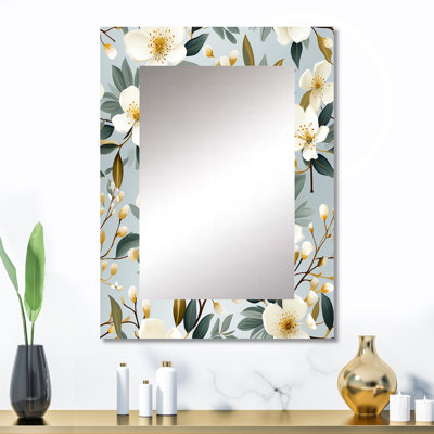 Delorese White Poppies Minimalist Floral Elegance - Floral Decorative Wall Mirror, Floral Large Mirror, Printed Metal Art