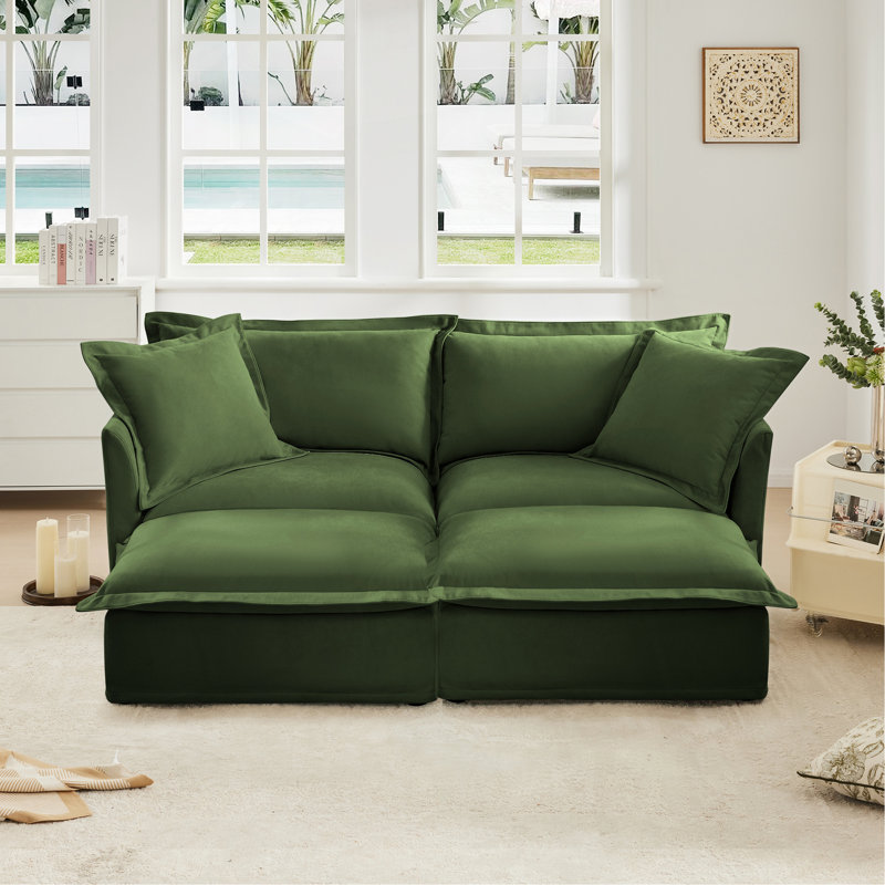 Canapé 2 places avec housse et 2 repose-pieds, canapé-lit 2 places, très grand canapé pour le salon, chenille, Chenille verte