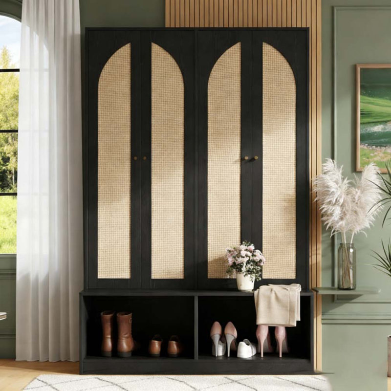 Arbre d'entrée avec 4 portes en rotin, banc polyvalent 4 en 1 avec 6 crochets, Noir