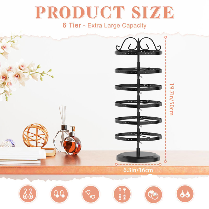 6 Tier Metal Rotating Earring Holder Organizer, 264 Holes Earring Storage Display Stands Tree Rack, Adjustable Earring Stud Tower(Black)