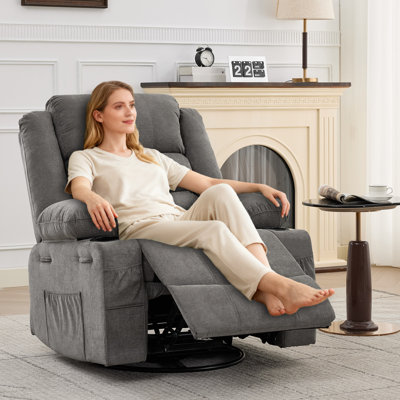 Fauteuil inclinable et pivotant avec pivotement à 360 ° et fauteuil oscillant manuel large avec porte-gobelets et poches latérales