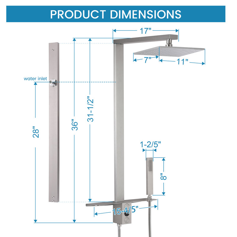36"H Stainless Steel Exposed Rain Shower System With Handheld Shower (Valve Not Included), Brushed Nickel