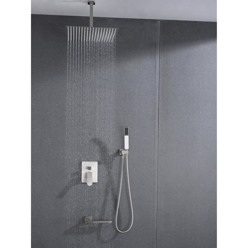 Douche de plafond, nickel brossé - tête de 16 po et douchette autonettoyante à sensation de pluie naturelle compatible avec les raccords de tuyaux standards American