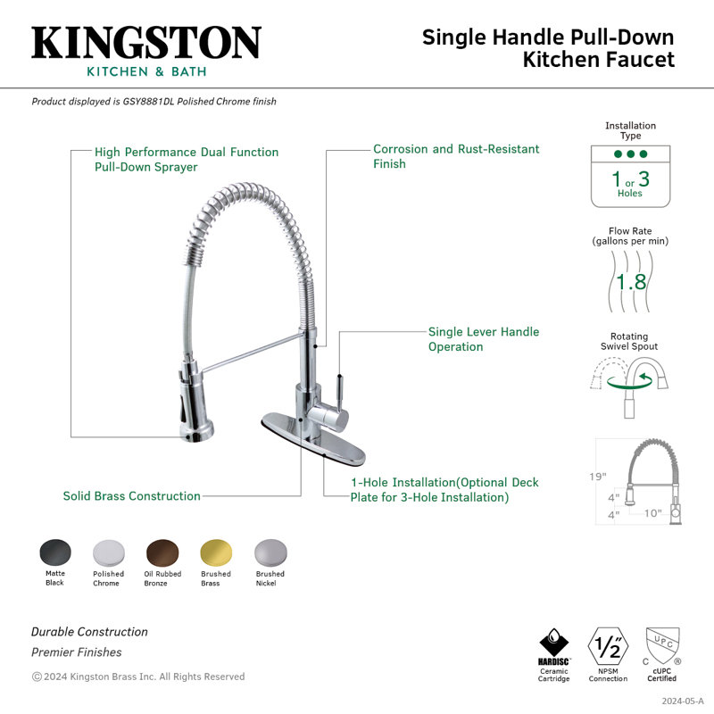 Kingston Brass Concord Single-Handle 1-or-3 Hole Deck Mount Pre-Rinse Kitchen Faucet, Oil Rubbed Bronze