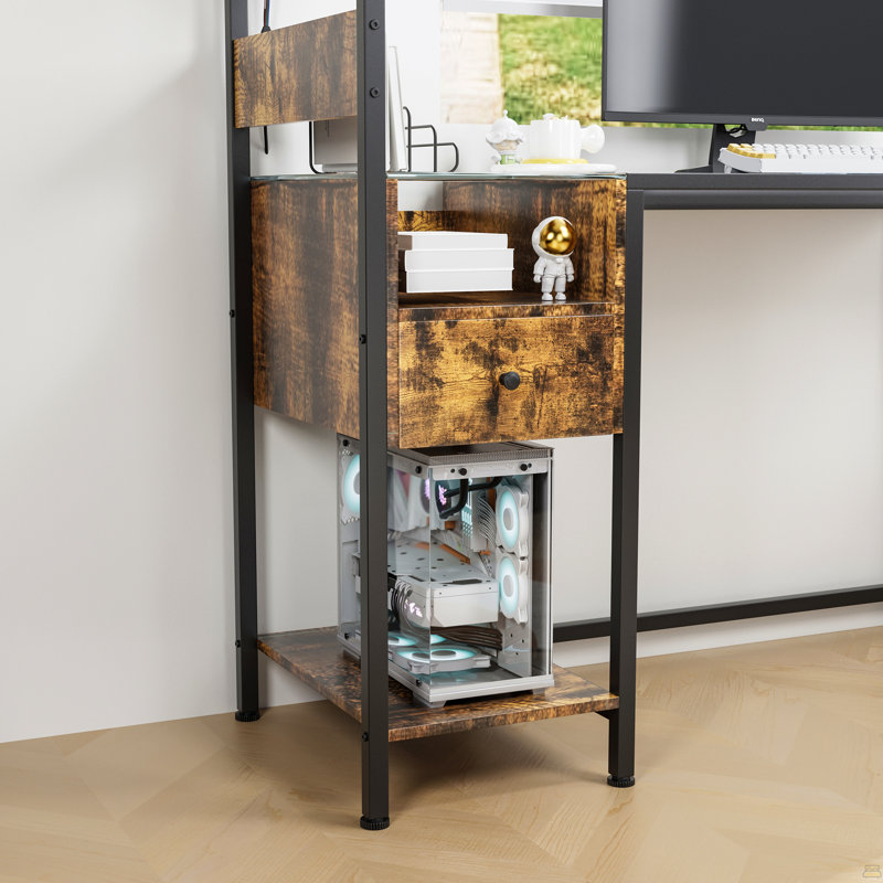 Bureau d'ordinateur avec prise de courant et tablettes de rangement, table d'écriture avec ports USB, station de travail pour bureau personnel, brun