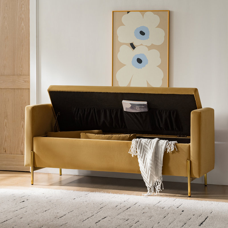 Aristides 56''W Upholstered Flip Top Bench with Subdivided Storage and Toss Pillows, Golden