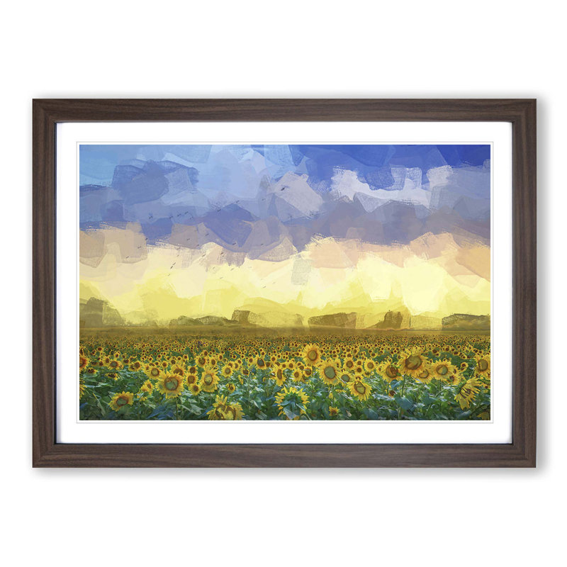 Flock of Birds Above Sunflowers in Abstract - Picture Frame Graphic Art Print, Walnut Framed, 36cm H x 48cm W x 2cm D