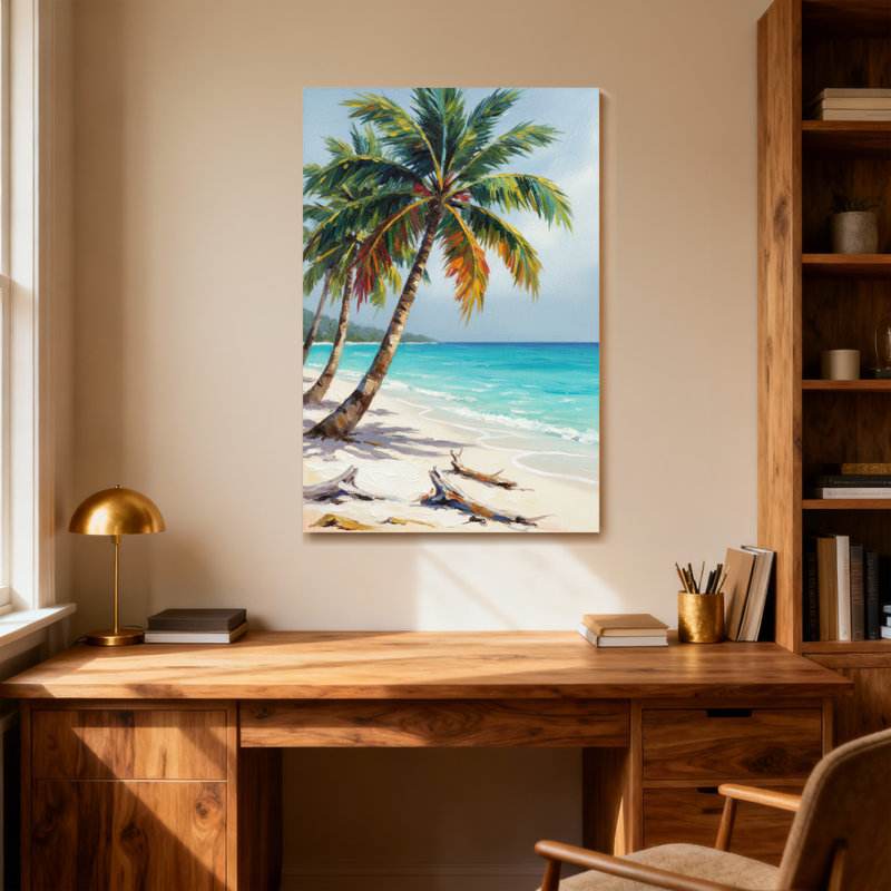Plantes et fleurs, plage tropicale, palmiers, vue sur l'océan, sable, bois flottant, ciel, H 30 po x l 20 po
