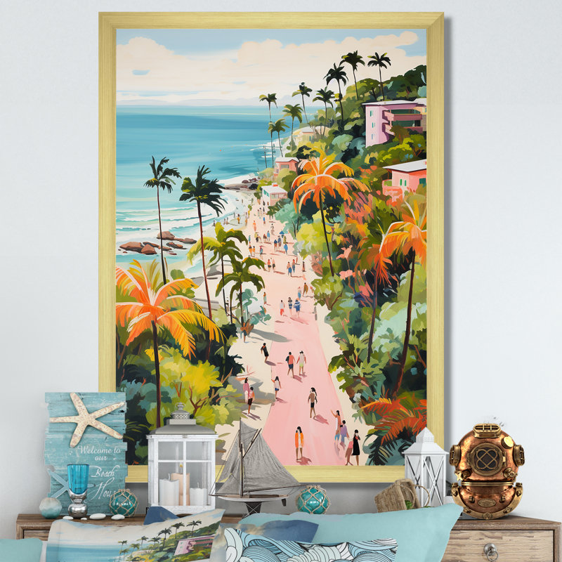 Scène de plage côtière, paradis en couleur pastel II - art de la plage côtière, Cadre doré simple