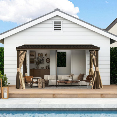 Pavillon de jardin 10 po x 14 pi à toit rigide avec gouttières, pavillon de jardin mural avec toit en métal