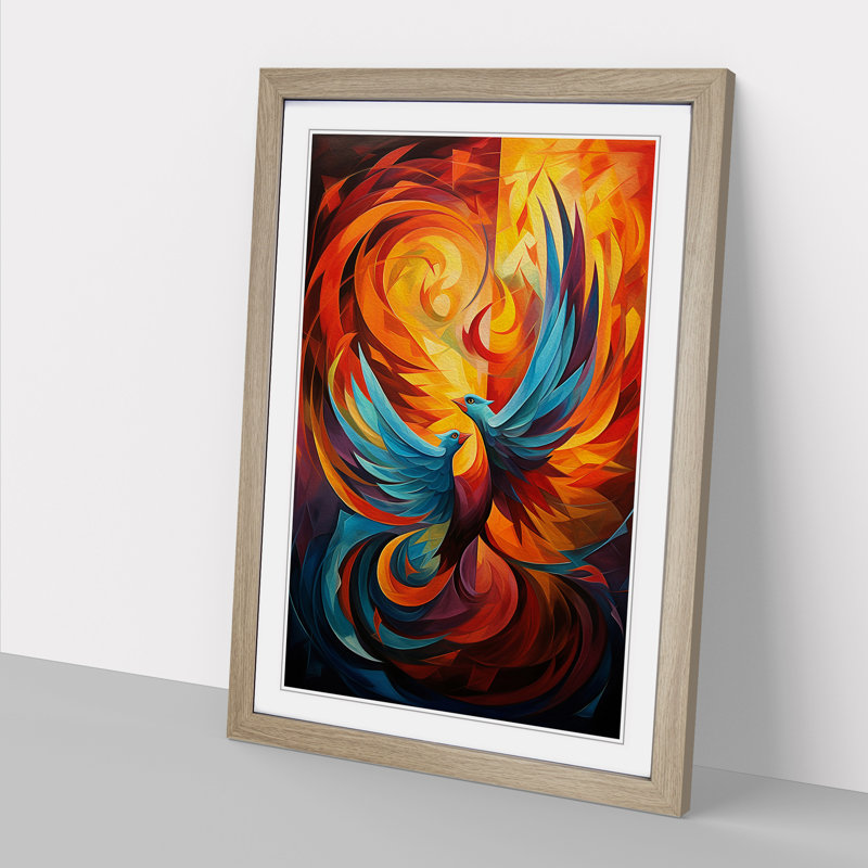 Phoenix Cubism - Single Picture Frame Print on Wood, 34cm H x 25cm W x 2cm D, Oak Framed