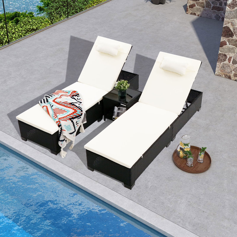 3 Pcs Patio Chaise Lounge with Coffee Table Cushion&Pillow Outdoor Lounge Chair Chaise Lounger Patio Reclining Chair 5 Angle Adjustment PE Rattan for Courtyards Poolside Garden