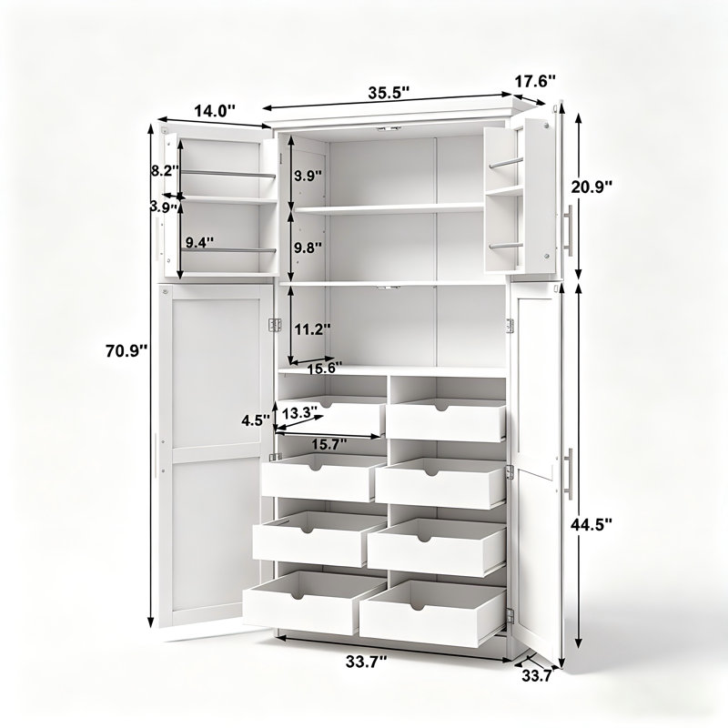 Grande armoire à collation blanche de 70,9 po de hauteur, organisateur de rangement autoportant avec 8 plateaux coulissants et tablettes réglables pour la cuisine à domicile