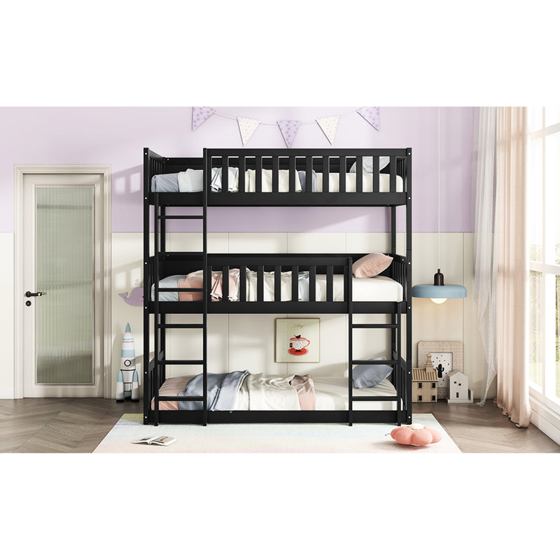Lit superposé triple détachable en bois d'hévéa noir - pour une chambre spacieuse avec structure pour, Black