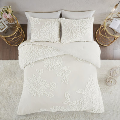 Ensemble d'édredon en chenille de coton capitonné 3 pièces - Blanc cassé
