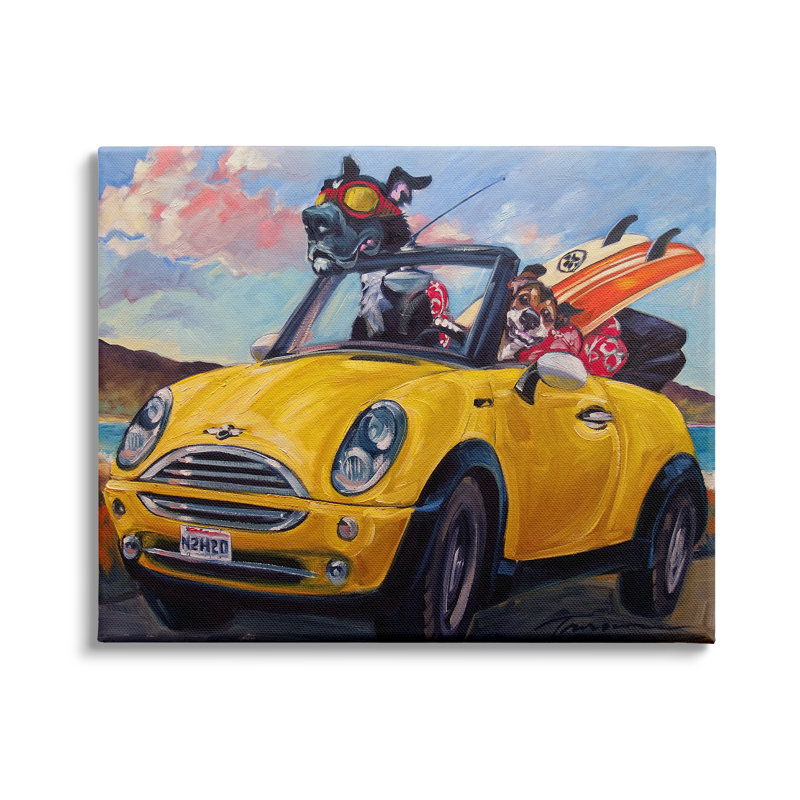 Voiture de plage convertible jaune avec chiens de compagnie par CR Townsend - Peinture, Toile tendue