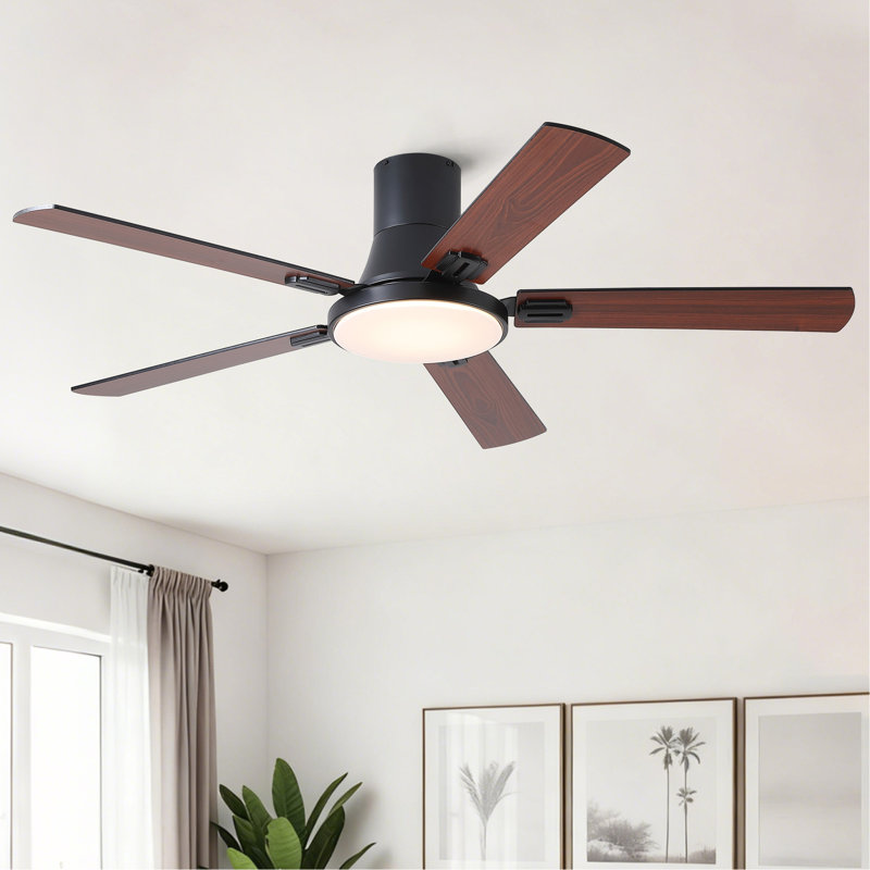 52 inch Mordern Minimalism Black Flush Mount Ceiling Fan with Light and Double-Sized Blades, Black, Black