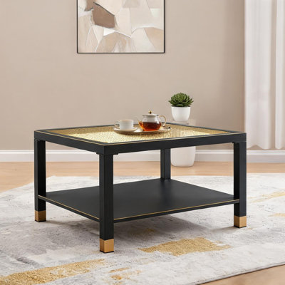 Table basse carrée en verre maillé doré et acier noir de jais, 27,6 pouces, style industriel moderne pour le salon