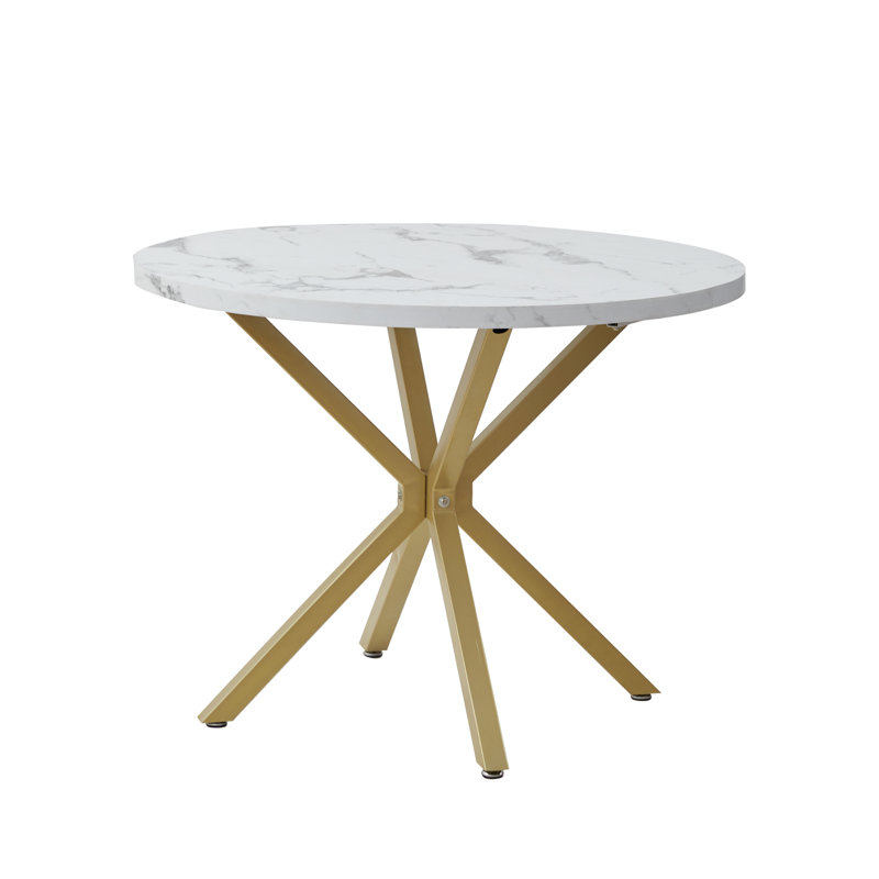 Adorna Round Solid Wood Top Metal Base Dining Table, Gold