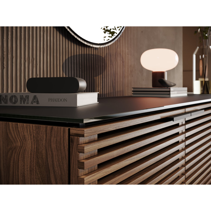 Natural Walnut and Black 79'' Sideboard with Satin Glass Shelves