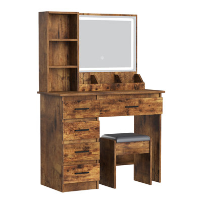 Barabo Makeup Desk with Mirror Light, Large Vanity Desk with Storage Shelves, 5 Drawers, Vanity Table with Chair, Bedroom Dressing Table, Industrial Style
