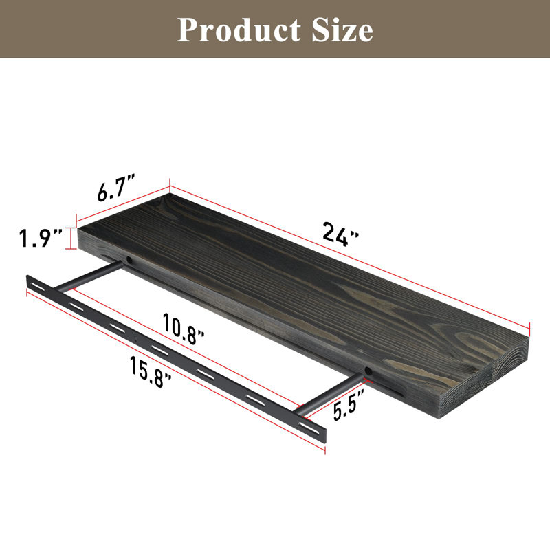 Rustic Dark Brown Pine Floating Wall Shelves, 24 Inch, Set of 2