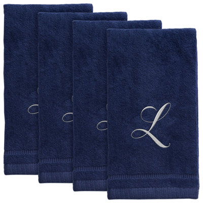 Set of 4 Navy Blue Monogrammed Towel - White Embroidered