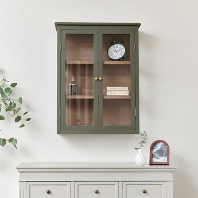 Khaki Green And Wood Wall Cabinet With Clear Glass Front 70Cm X 90Cm