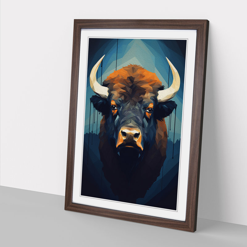 Buffalo Minimalism - Single Picture Frame Print on Wood, Walnut , 64cm H x 46cm W x 2cm D